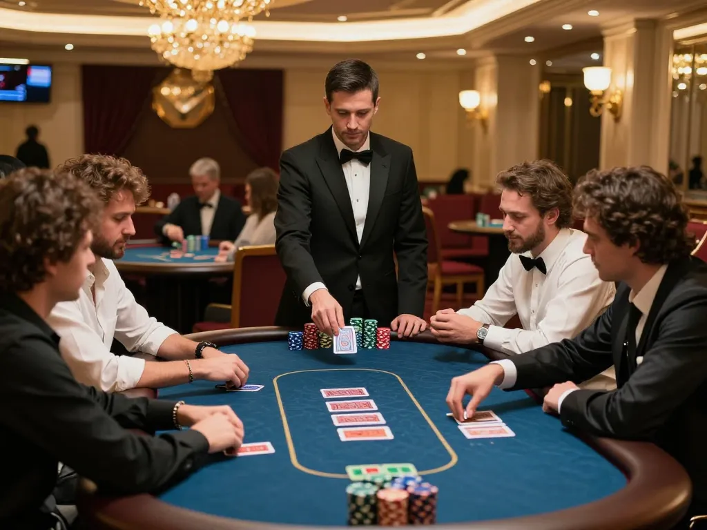 Engaged players at a luxurious table, implementing strategic gameplay with link resmi in focus, showcasing high-stakes poker action.