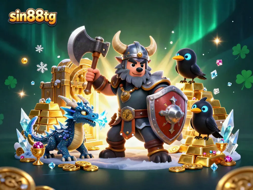 Engage in high-stakes gaming with sin88tg amidst treasure-filled glory featuring a Viking warrior, dragon, and raven.