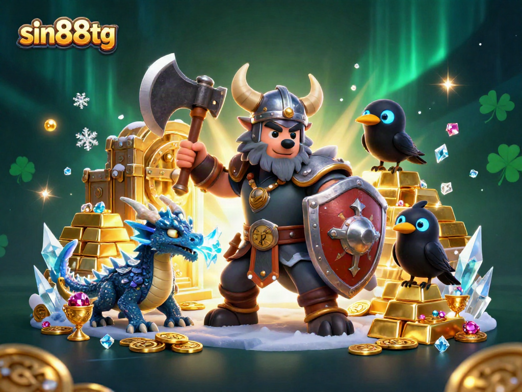 Engage in high-stakes gaming with sin88tg amidst treasure-filled glory featuring a Viking warrior, dragon, and raven.