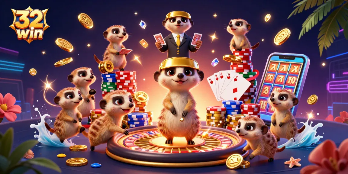 Experience thrilling gameplay at 32win with meerkats operating a vibrant casino environment featuring various gaming elements.