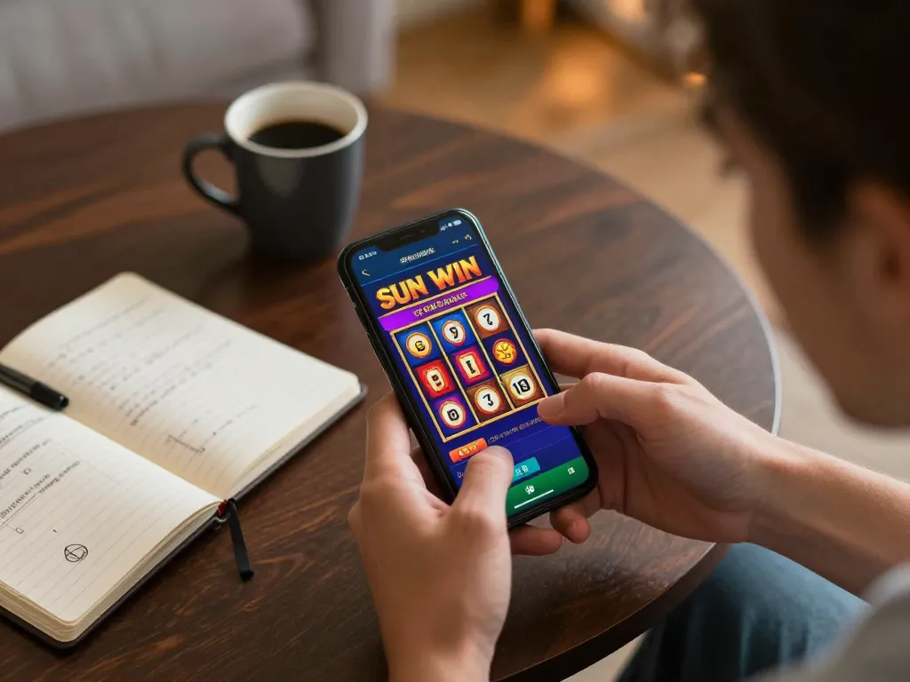 Engaging player using SUN WIN app on smartphone for online casino gaming at home