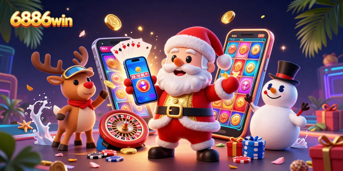 Play thrilling slots at 6886win with cartoon Santa and friends showing jackpot excitement.