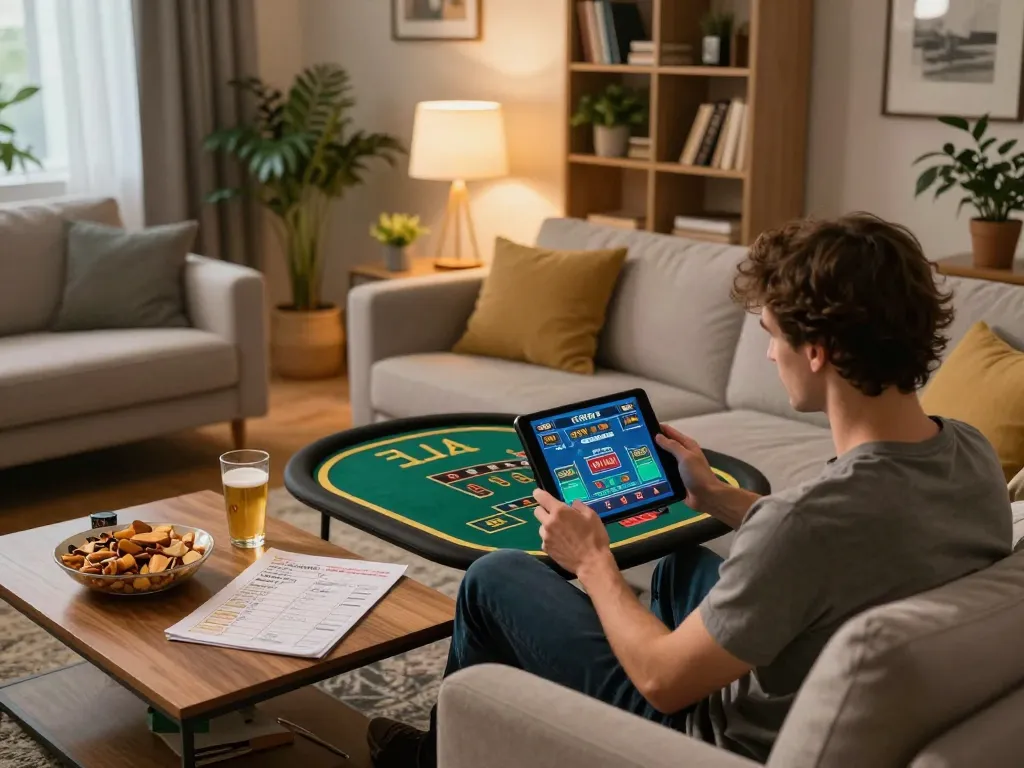 GG88 player engaged in online casino gaming on tablet in cozy living room setting.