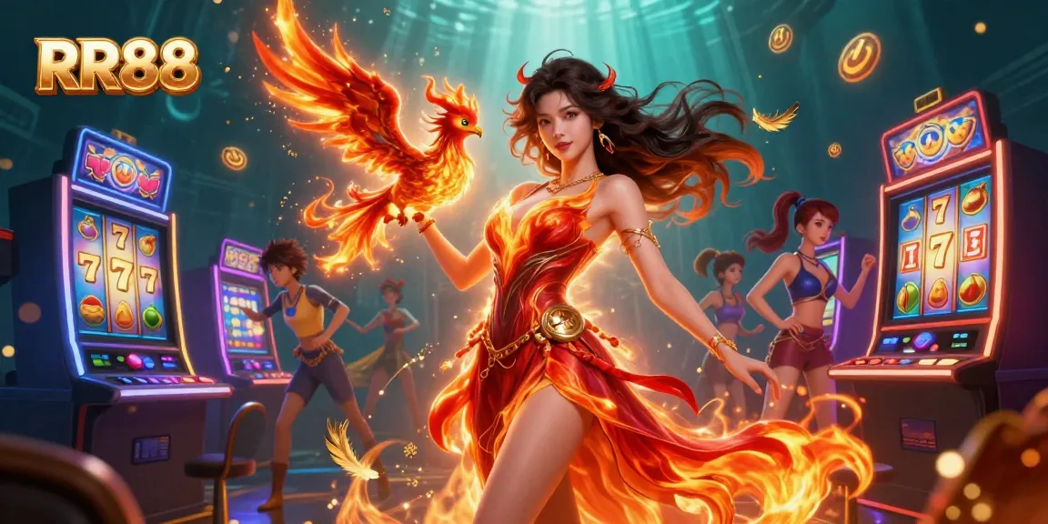Experience the thrill of RR88 with stunning visuals of an Asian casino scene featuring vibrant slot machines and fire-themed elements.