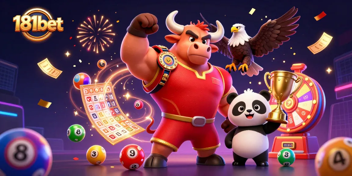 Engage in thrilling gameplay at 181bet with vibrant lottery balls, a trophy, and festive characters.