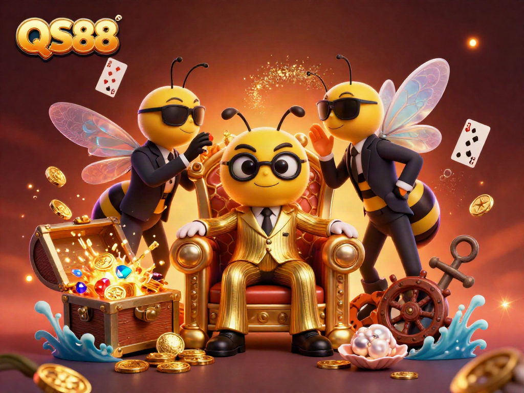 Experience the exciting world of QS88 with a vibrant and dynamic 3D casino scene showcasing a bumblebee mob boss and thrilling game elements.