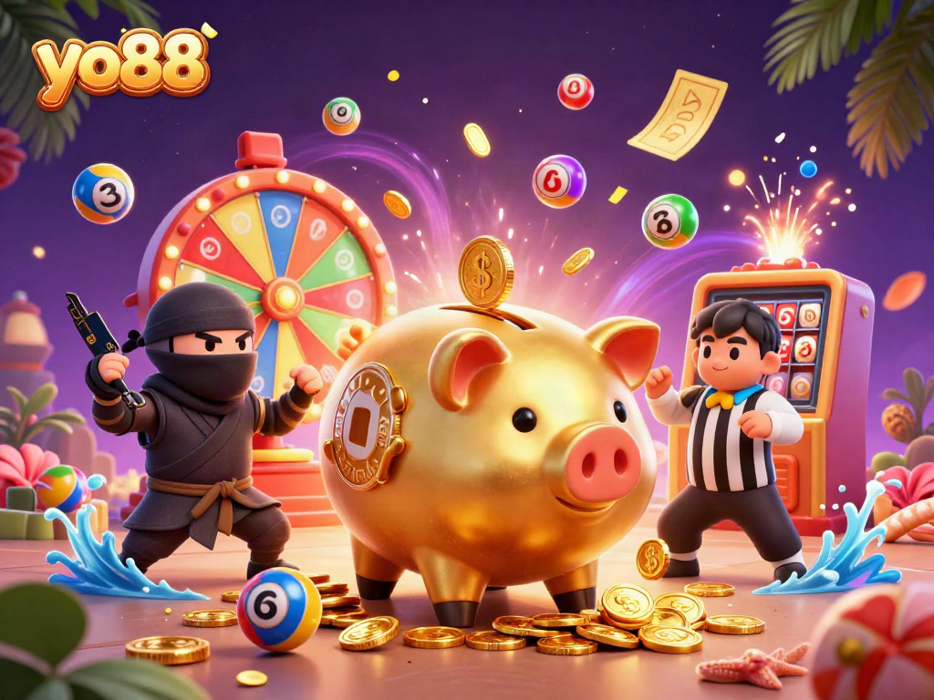 Experience thrilling wins at yo88 with a vibrant casino scene featuring energetic characters and dynamic elements.