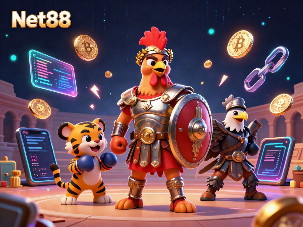 Experience thrilling wins at Net88 with a gladiator rooster and boxer tiger cub in a dynamic casino arena.