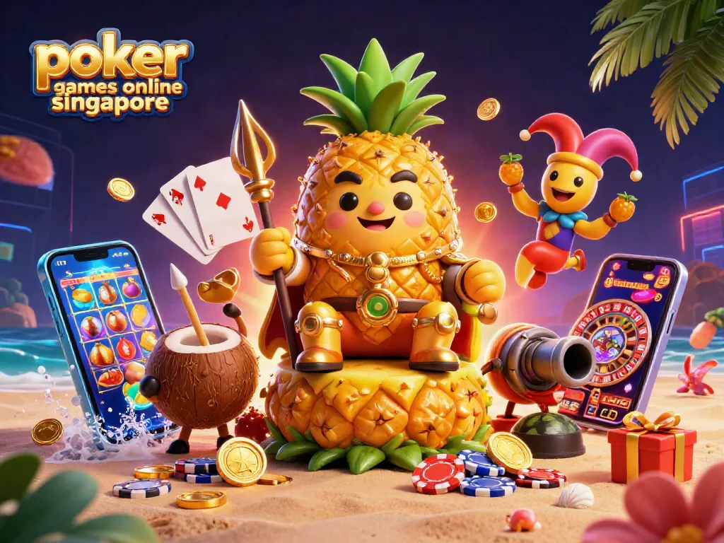 Engage in poker games online Singapore with an illustrated scene of vibrant characters and exciting casino elements.