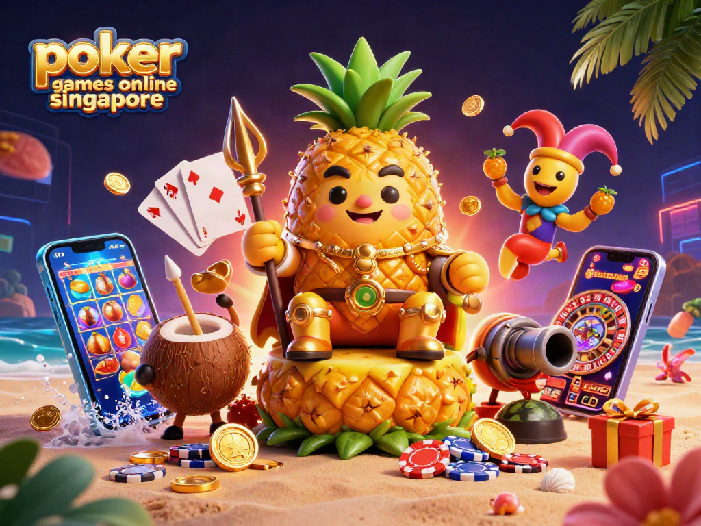Engage in poker games online Singapore with an illustrated scene of vibrant characters and exciting casino elements.