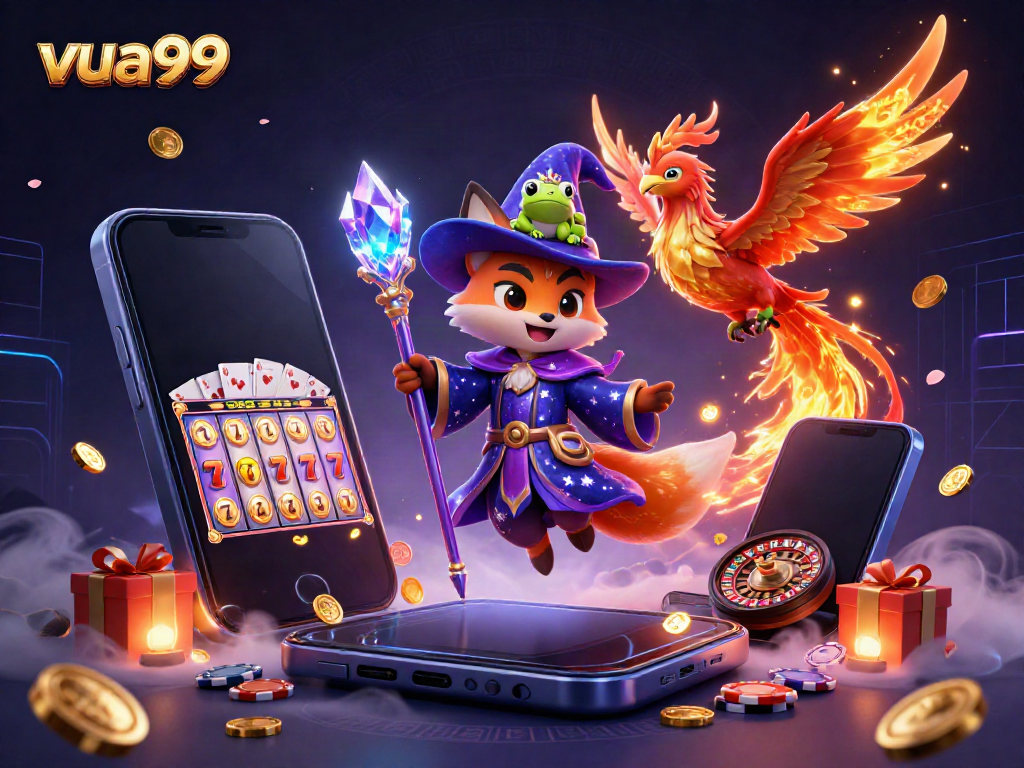 Experience thrilling gaming with vua99's enchanting wizard fox and phoenix in a vibrant casino scene.