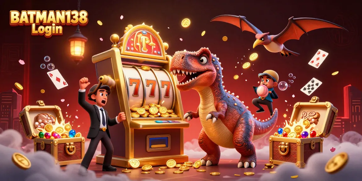 Experience the excitement of BATMAN138 Login with a dynamic 3D cartoon scene of dinosaurs and jackpots.