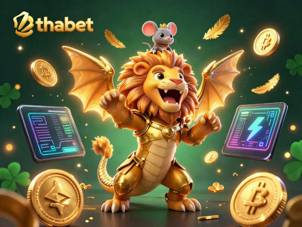 Experience the thrill of thabet with a golden armored chimera and crypto elements in a vibrant casino setting.