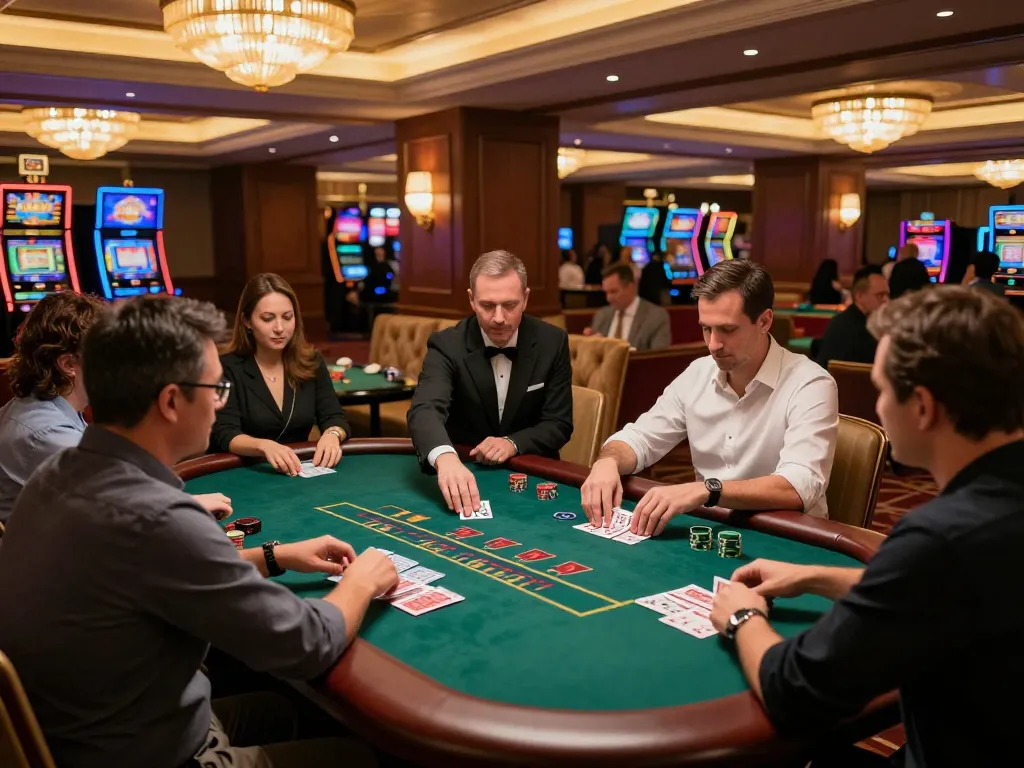 RR88 players strategizing at a blackjack table, showcasing the thrilling casino atmosphere.