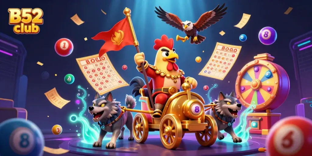 Engage with the B52 club gambling excitement while a cartoon rooster warlord leads an epic casino adventure.