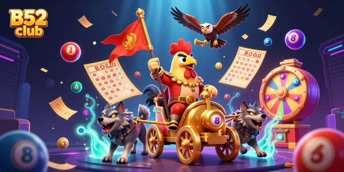 Engage with the B52 club gambling excitement while a cartoon rooster warlord leads an epic casino adventure.