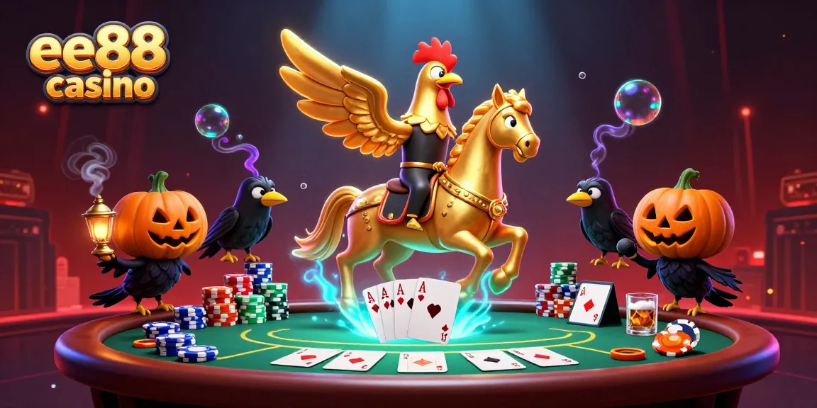 Join the excitement at ee88 casino, showcasing a colorful fantasy scene with a golden rooster and poker elements.