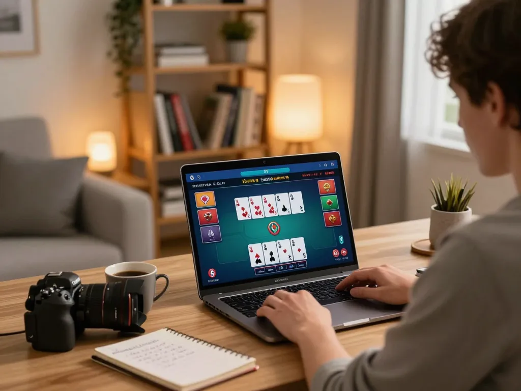 Engaging in online poker strategies on sunwin from a cozy home office setup with a stylish atmosphere.