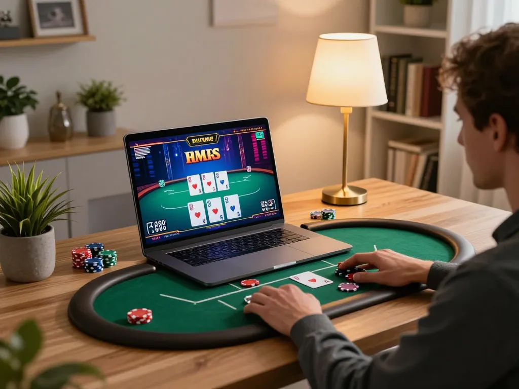 MM88 player enjoying online poker with strategy notes and gaming interface on laptop