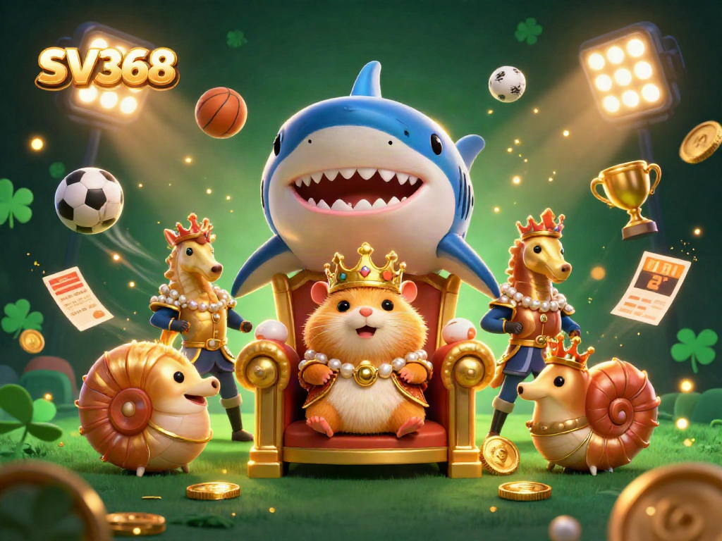 Place bets at SV368 while enjoying a vibrant casino scene featuring a golden hamster king.