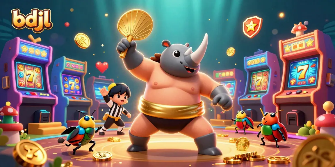 Experience thrilling wins with bdjl as a beetle champion stomps golden coins amidst vibrant slot reels and arcade games.