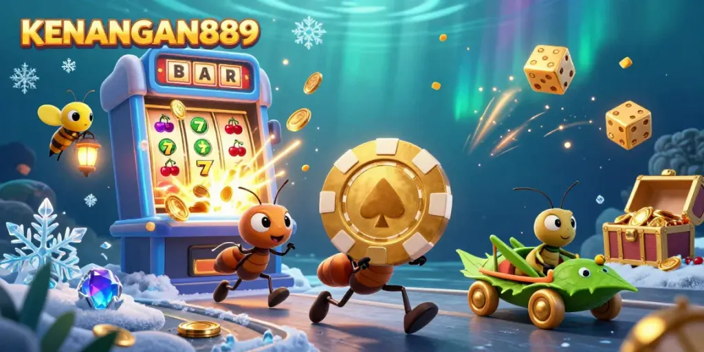 Explore KENANGAN889 as ants carry a giant poker chip in a rich 3D casino heist scene with vibrant game elements.