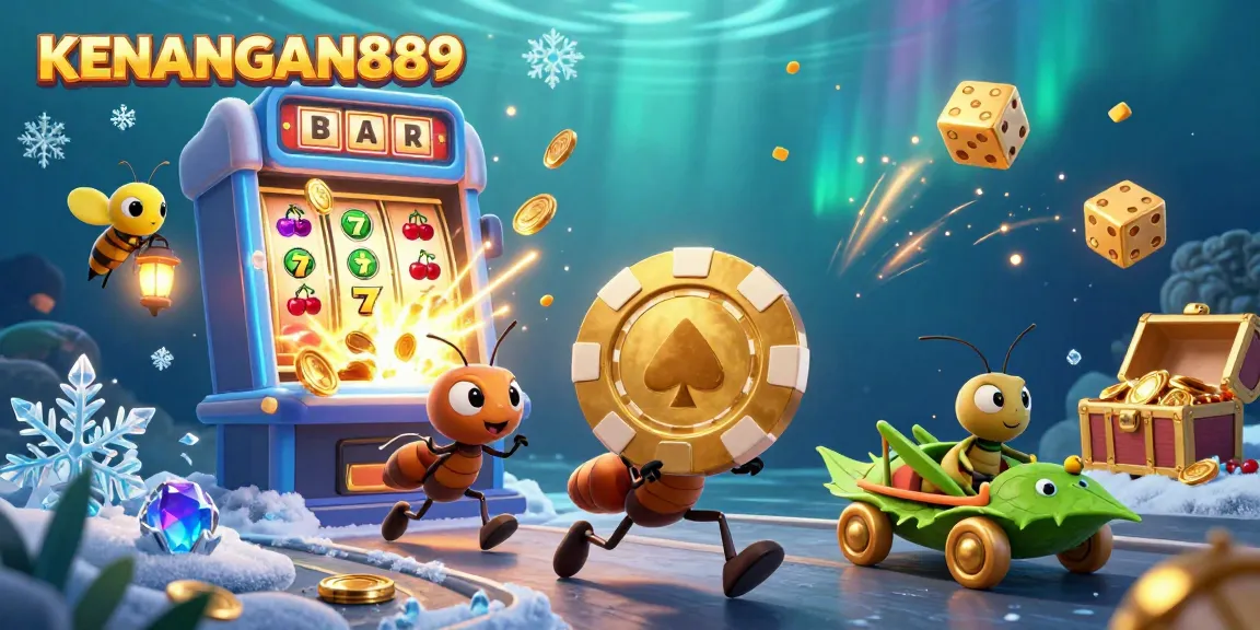 Explore KENANGAN889 as ants carry a giant poker chip in a rich 3D casino heist scene with vibrant game elements.