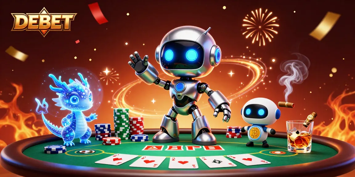Engage with DEBET's vibrant casino world featuring a robot, dragon, and bitcoin drone amidst poker action.