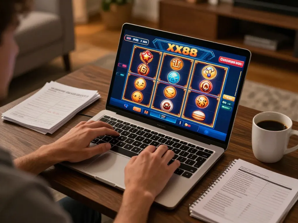 Player engaging with xx88 online casino slot games on a laptop in a cozy home setting.