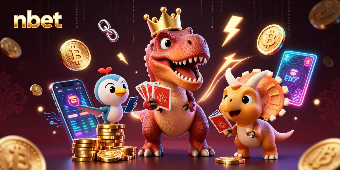 Engage with nbet in a lively 3D scene featuring a T-Rex and vibrant casino elements.