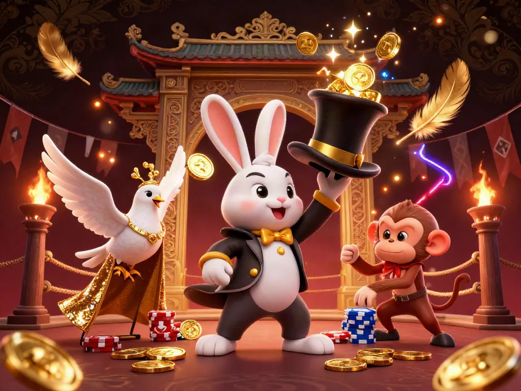 Alo789's vibrant 3D scene showcasing a magician rabbit pulling coins, a dove, and a monkey in a dynamic gambling atmosphere.