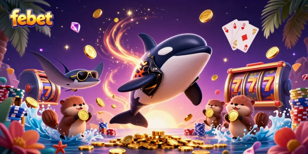 Experience ultimate gaming excitement with febet's dynamic casino scene featuring playful sea creatures and lavish symbols.