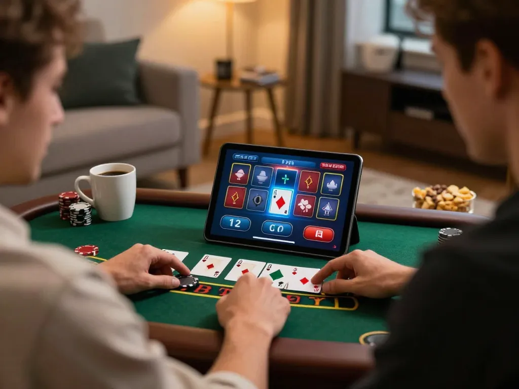 rokok88 player engaging with live blackjack on tablet in a cozy home setting