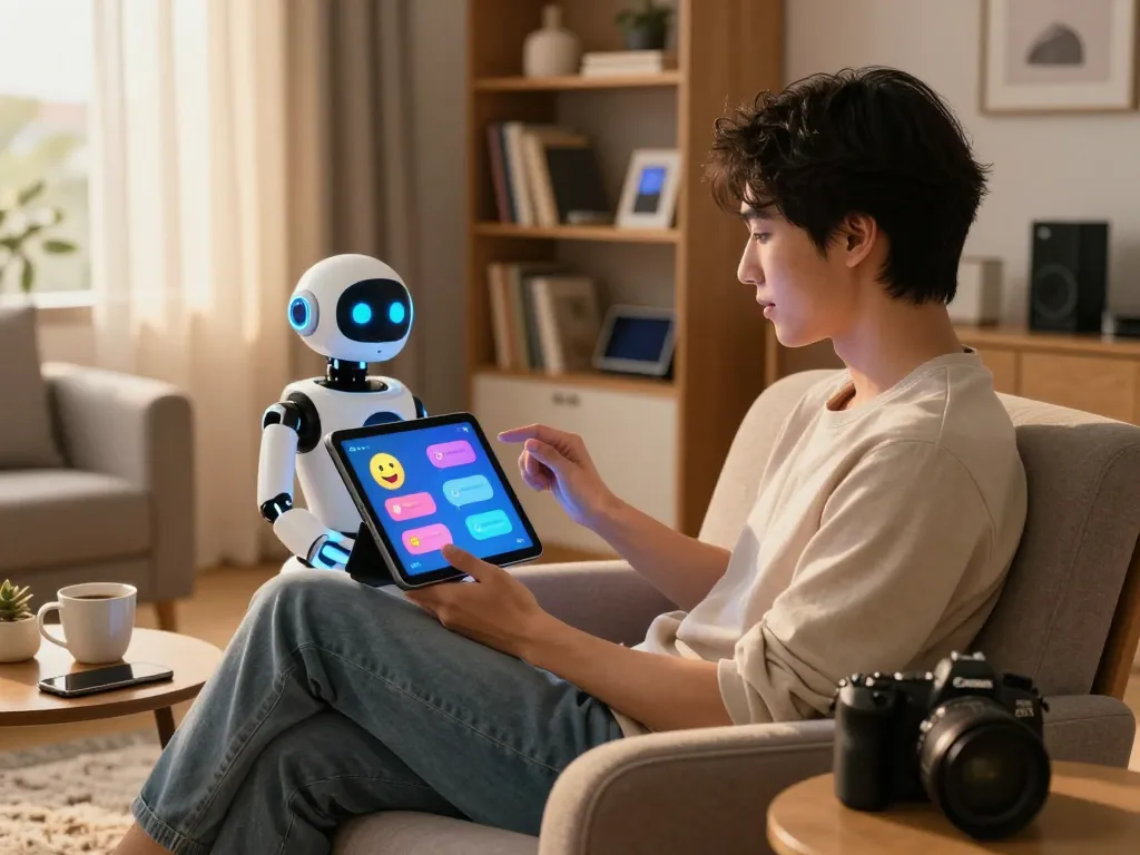 Engaging scene of a person using an AI sex chat chatbot in a modern home environment.