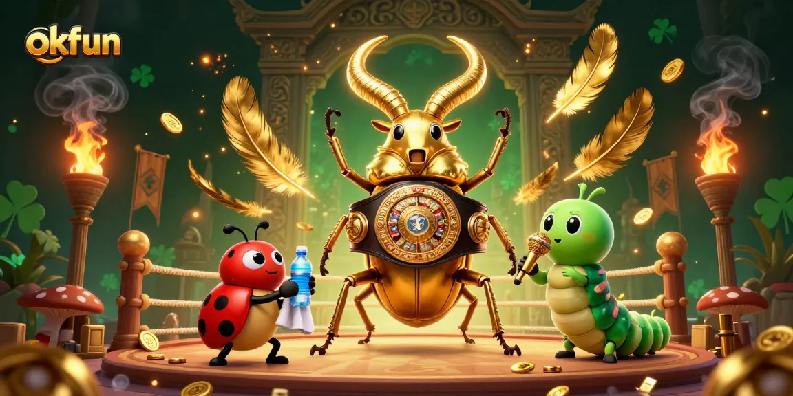 Experience the thrill of okfun casino with a vibrant 3D illustration of a boxing beetle and characters.