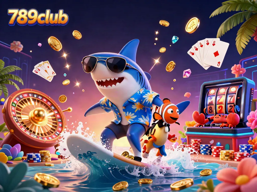 Engage with thrilling 789club gaming featuring vibrant scenes of a shark surfing on gold coins, showcasing the excitement of online gambling.