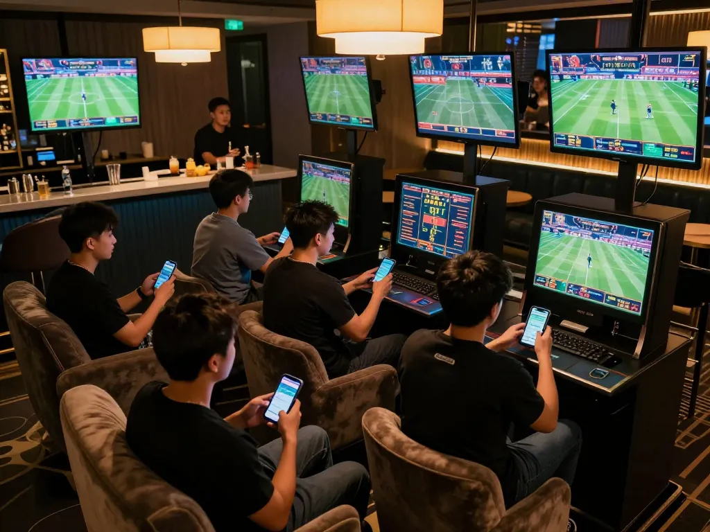 Engaged players using qh88go app for sports betting in a lively lounge atmosphere.