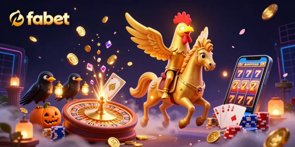 Experience fabet's vibrant casino atmosphere with golden rooster and elements that symbolize winning.