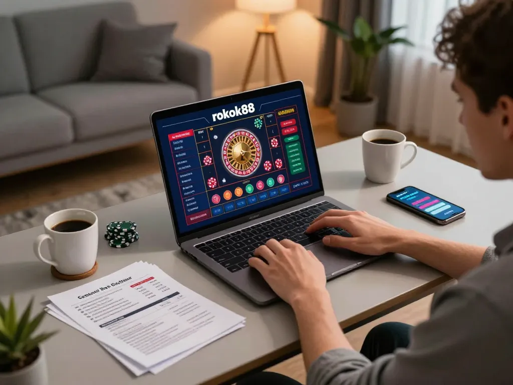 Player using rokok88 online casino platform on laptop, showcasing strategic gameplay and a cozy home setup.
