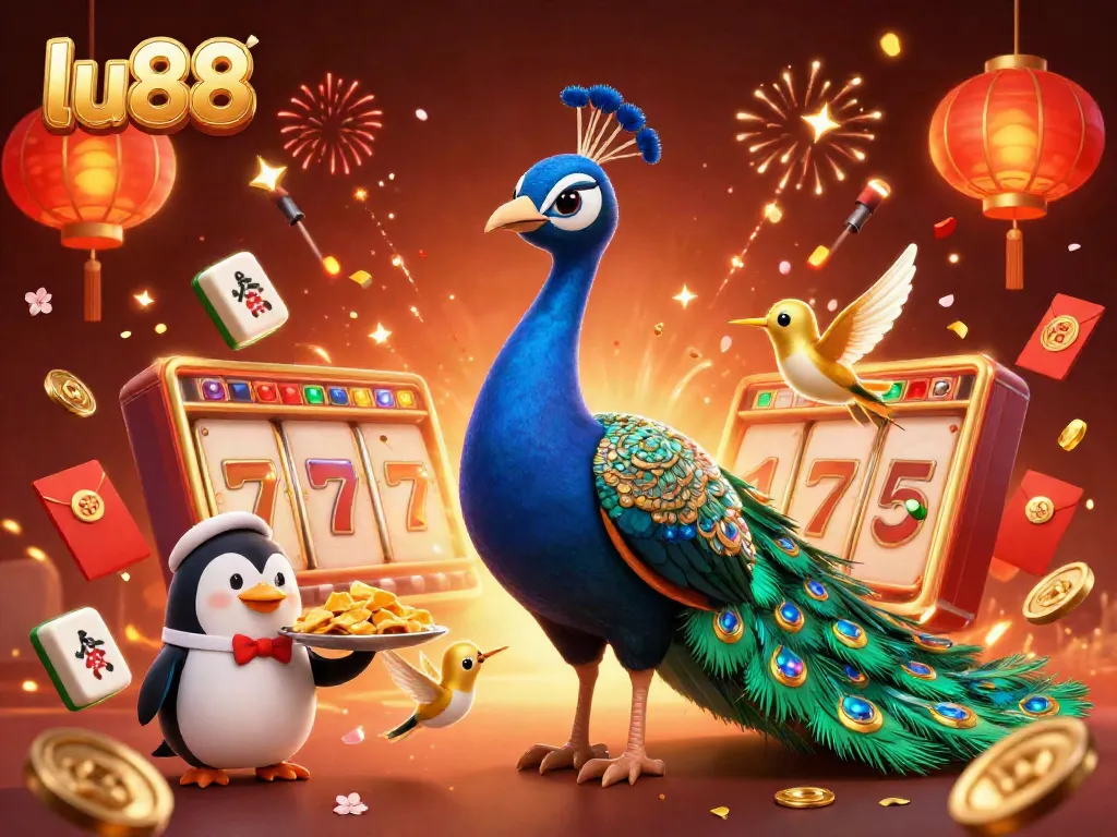 Engage with the lively casino scene showcasing lu88 with a peacock, a penguin butler, and sparkling jackpots.