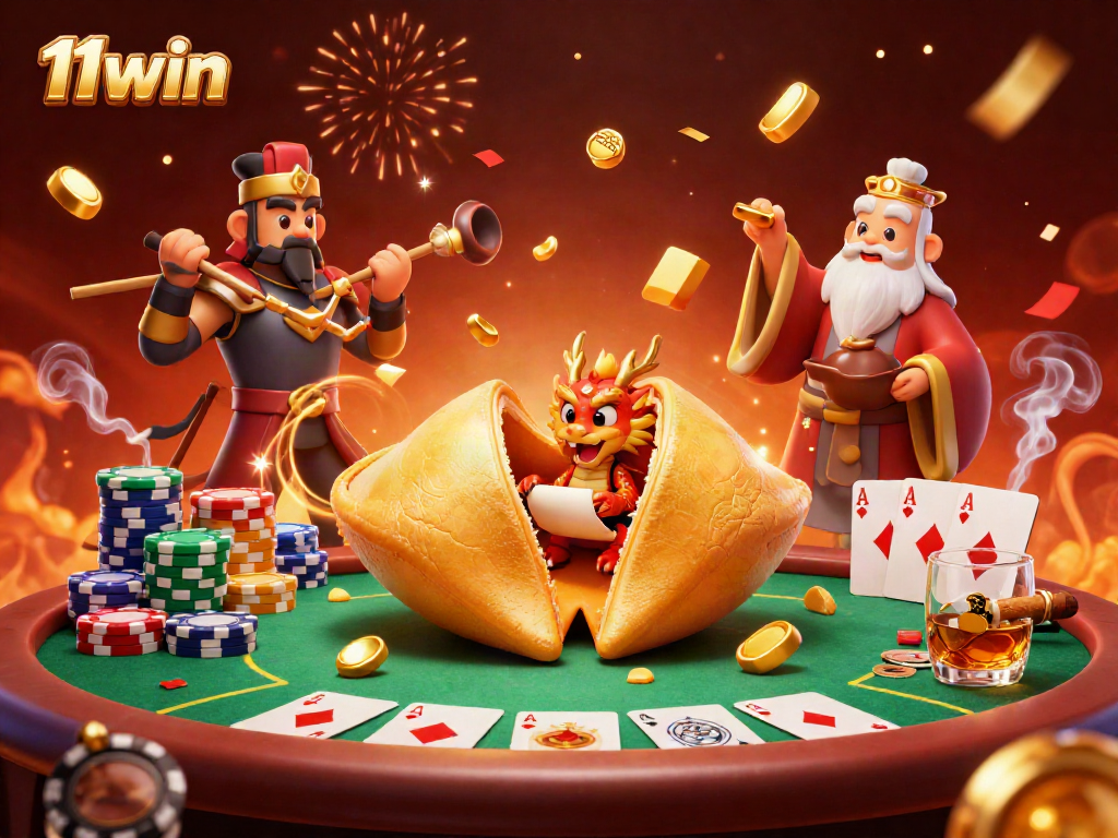 Experience the thrill of 11win with a vibrant casino-themed illustration featuring fantasy characters and poker elements.