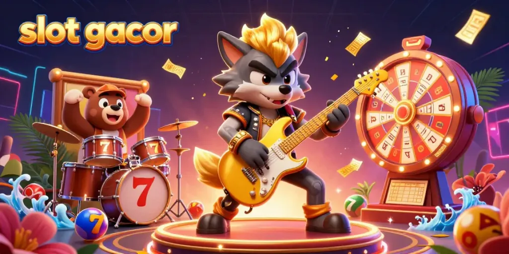 Experience the thrill of slot gacor with colorful characters and dynamic gaming elements in this vibrant casino scene.