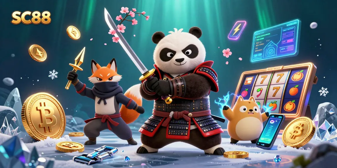 Engage in thrilling gameplay with SC88, illustrated with dynamic ninjas and slot elements.