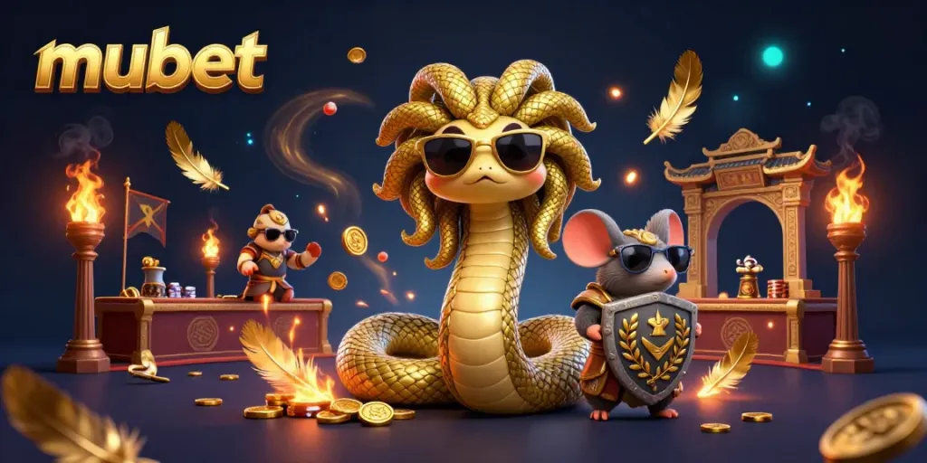 Engage with mubet in this vibrant casino scene featuring Medusa and warrior characters, with gold coins and game elements.