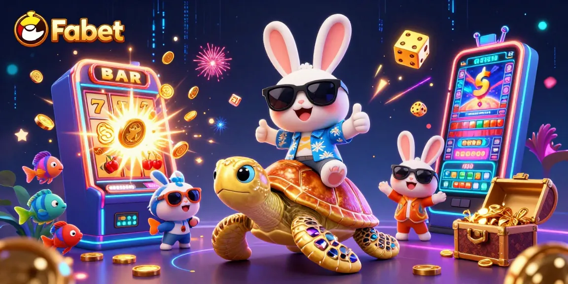 Experience excitement with Fabet's vibrant 3D casino scene showcasing lucky rabbit, golden turtle, and jackpot elements.