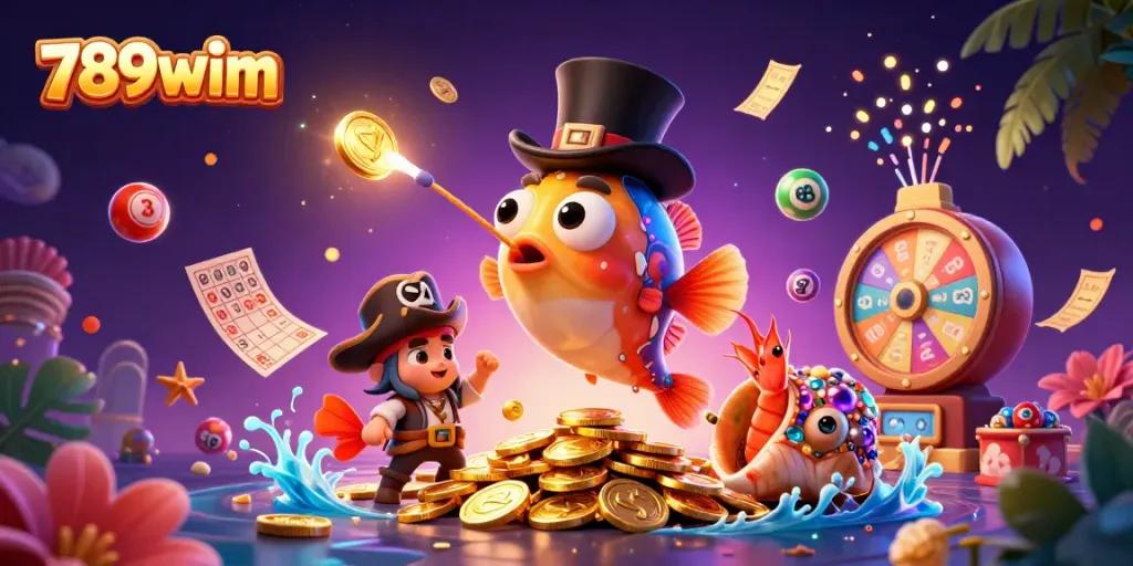 Engage with 789wim’s vibrant gaming world of animated characters and lottery elements in an exciting illustration.