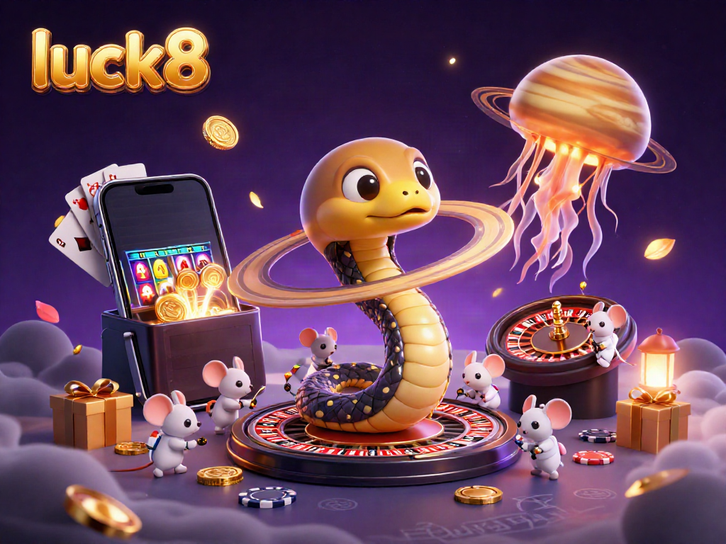 Experience vibrant luck8 gaming adventures with astronaut mice betting on a roulette snake.