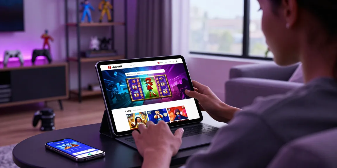 User accessing the LAVOWIN daftar login on a tablet showcasing vibrant slot games in a cozy living room.