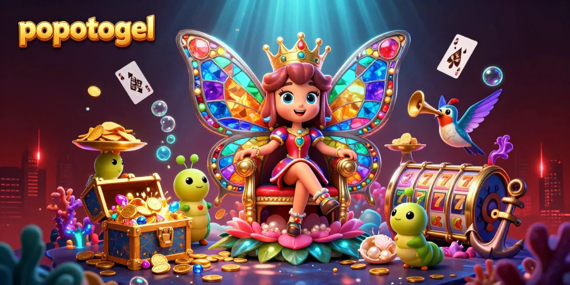 Experience the thrill of popotogel with vibrant visuals of a butterfly queen amidst casino treasures.
