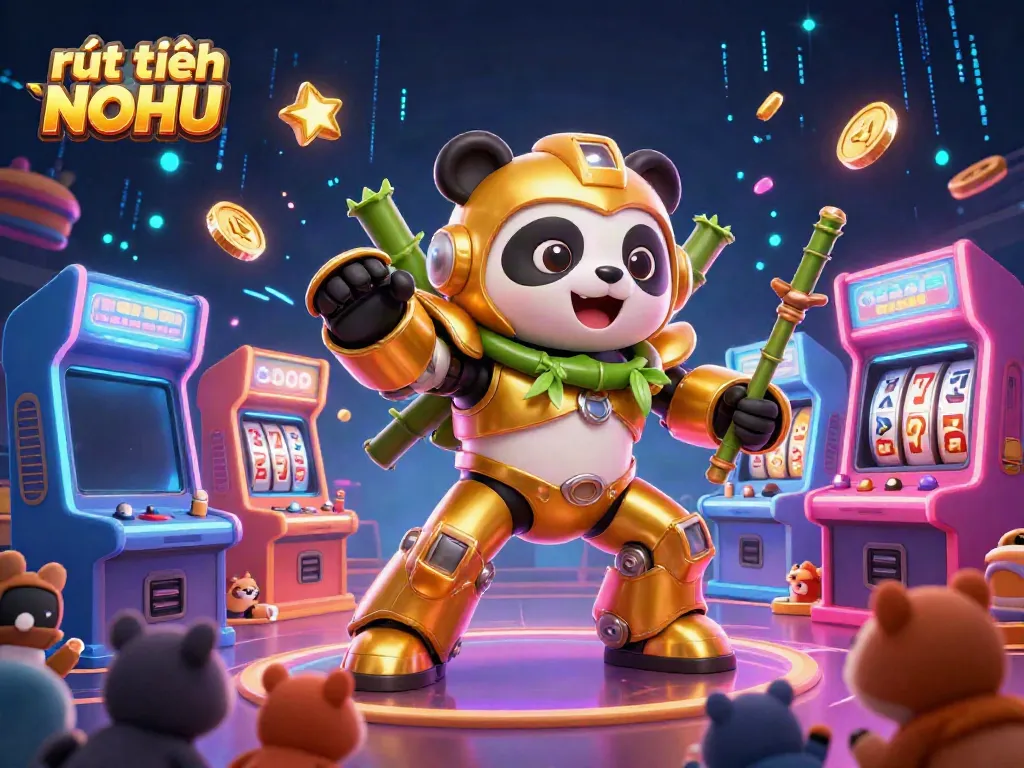 Experience rút tiền NOHU in a vibrant and dynamic 3D casino illustration filled with colorful game elements.